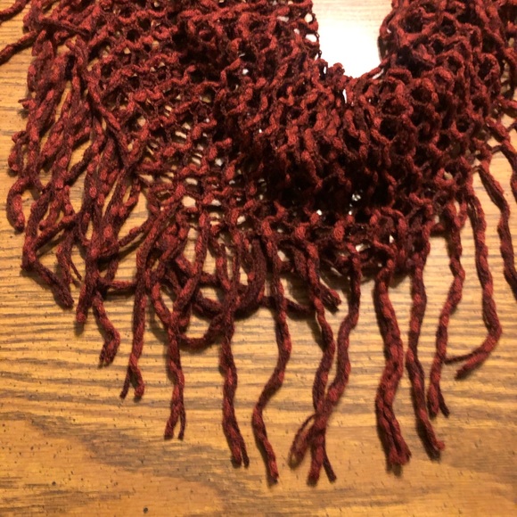 Dark Red Knit Infinity Scarf with Fringe - Picture 3 of 6